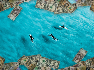 currency and surfers in a pool