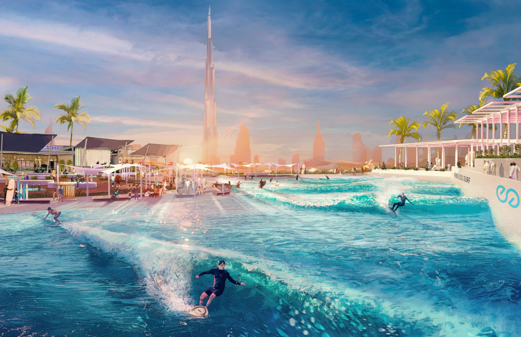 artistic visual of surfers in a wave pool in Dubai 