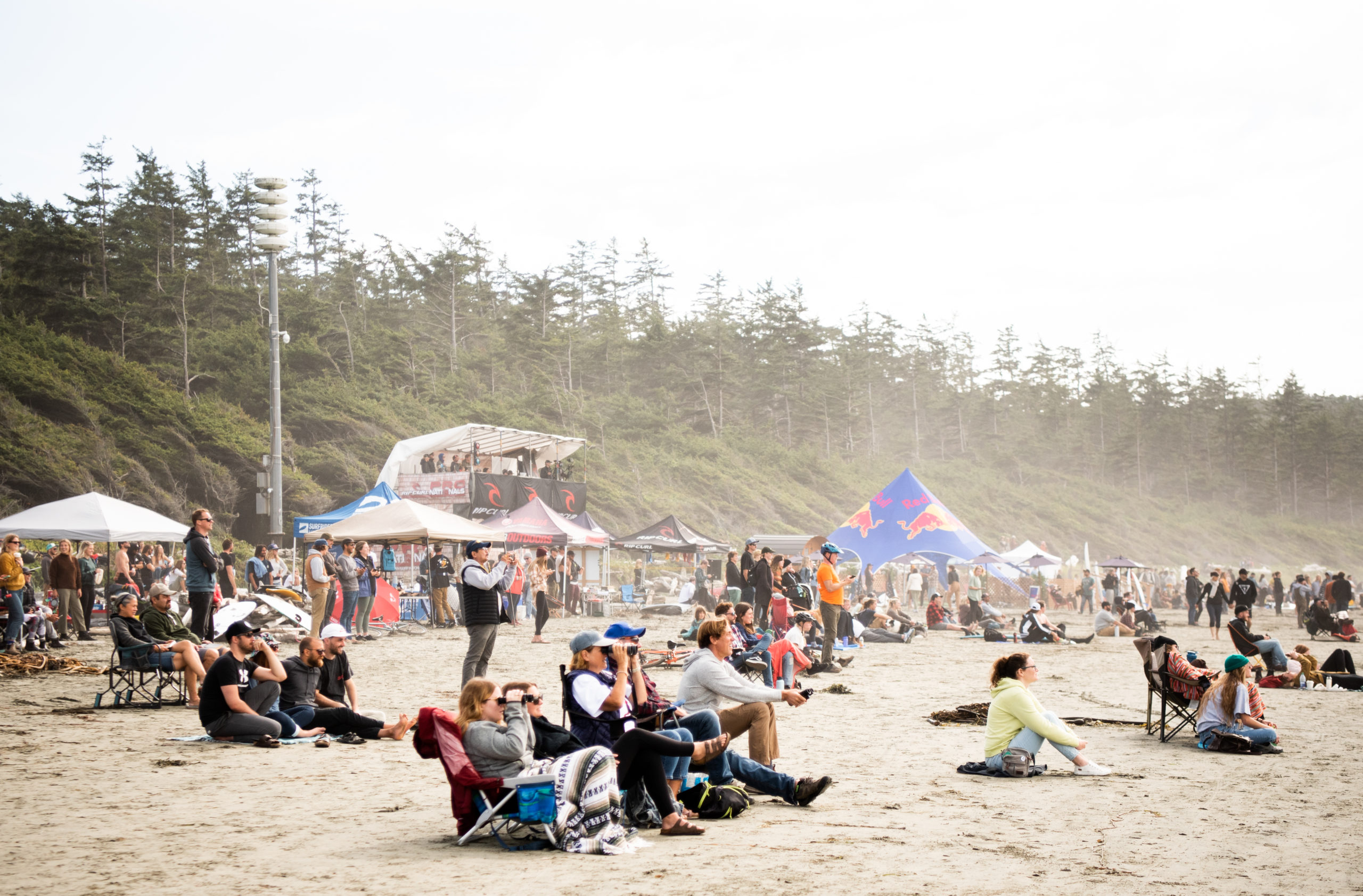 Surf competition spectators at the Rip Curl Pro in Tofino, British Columbia