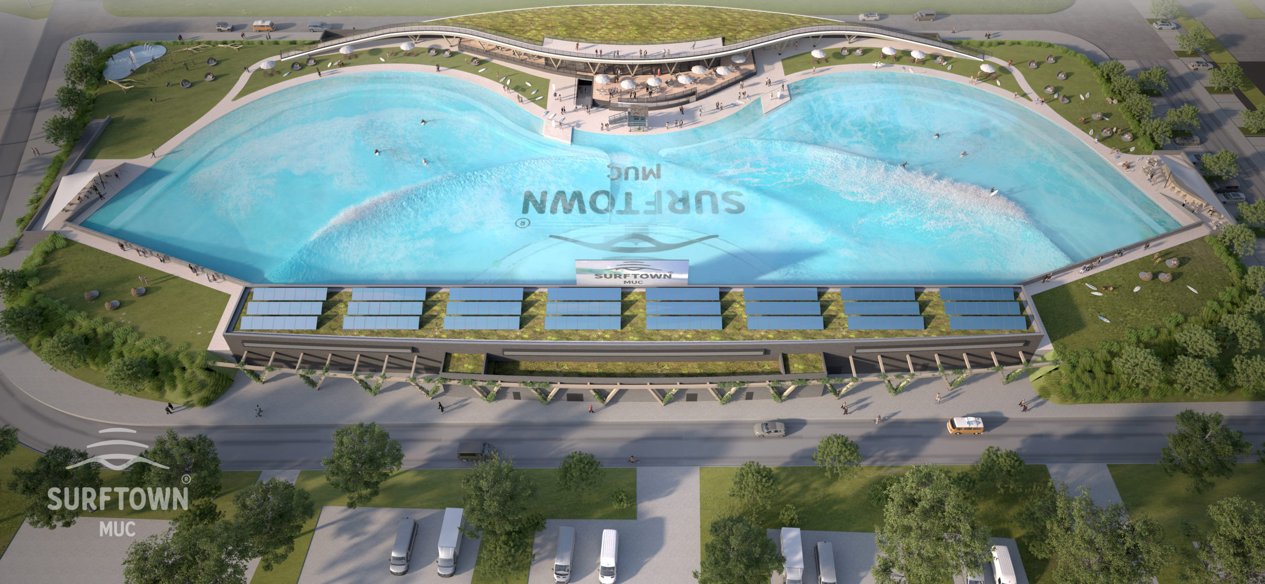 Aerial Concept Plan of SURFTOWN MUC featuring Endless Surf wave pool technology