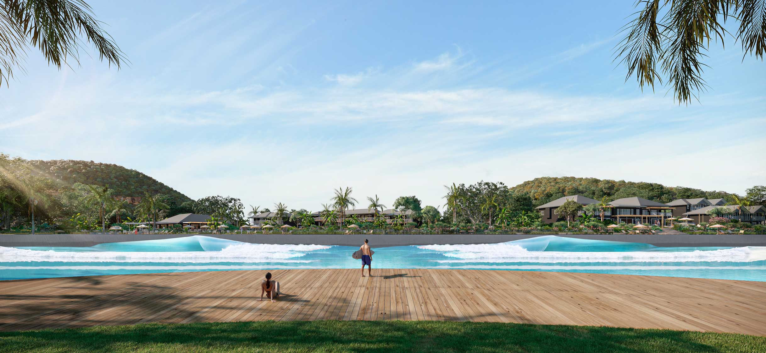 rendering of a Wisemans Surf Lodge - a surf park coming to Sydney, Australia