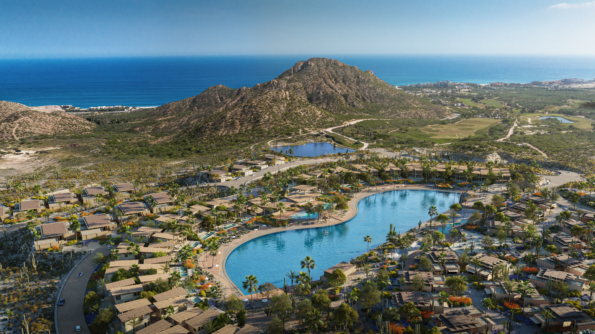 Overview rendering of the upcoming surf park at Cabo Real Surf Club, powered by Endless Surf wave technology.