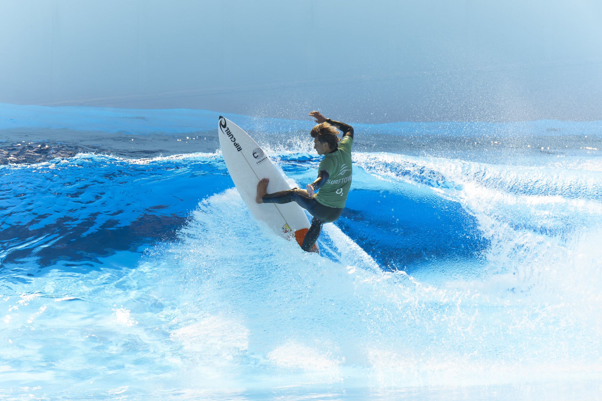 Surfer surfing an Endless Surf wave pool in Munich, Germany. The same technology to be featured in Sao Paulo at Terras de Sao Jose